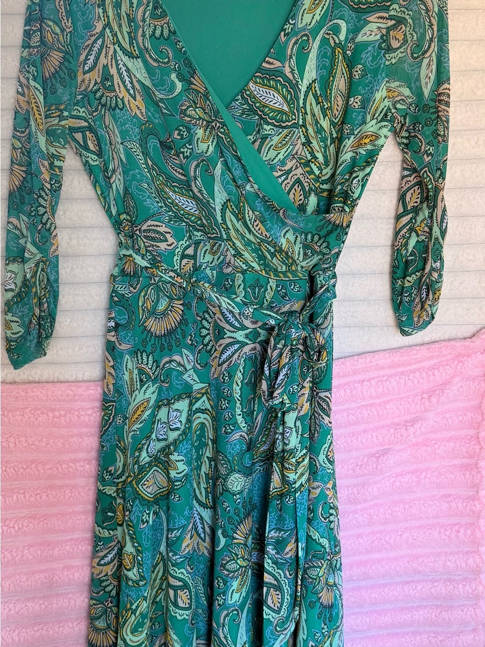 Harlow Teal Paisley Faux-Wrap Midi Dress